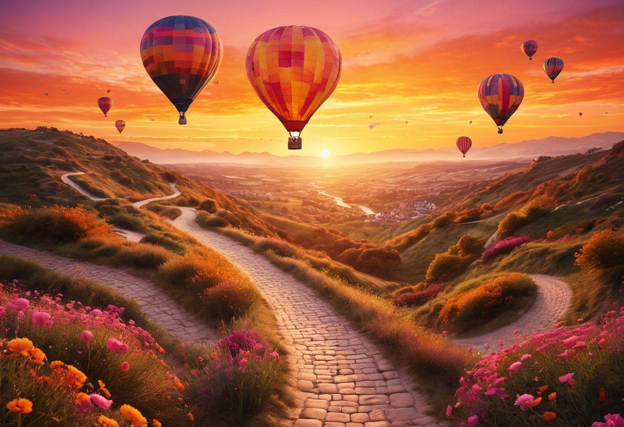 A soaring hot air balloon representing joy, ascending into a vibrant sunset filled with warm hues of orange and pink, symbolizing the journey to happiness. Below, a serene landscape with winding paths leading towards a radiant horizon, dotted with smiling faces and symbols of positivity. Emphasize a whimsical yet inspirational atmosphere. vibrant colors. super-realistic.