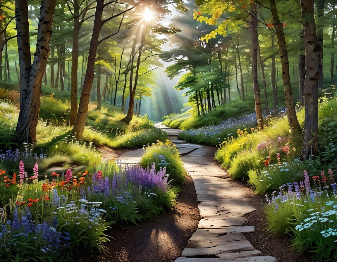 A serene landscape featuring a winding path through a lush green forest, dotted with colorful wildflowers and dappled sunlight filtering through the trees. Along the path, whimsical signposts guide the way, each embellished with words of inspiration like 'Joy', 'Bliss', and 'Adventure'. A silhouette of a person joyfully walking towards a radiant horizon symbolizes the journey to finding personal happiness. super-realistic. vibrant colors. peaceful ambiance.