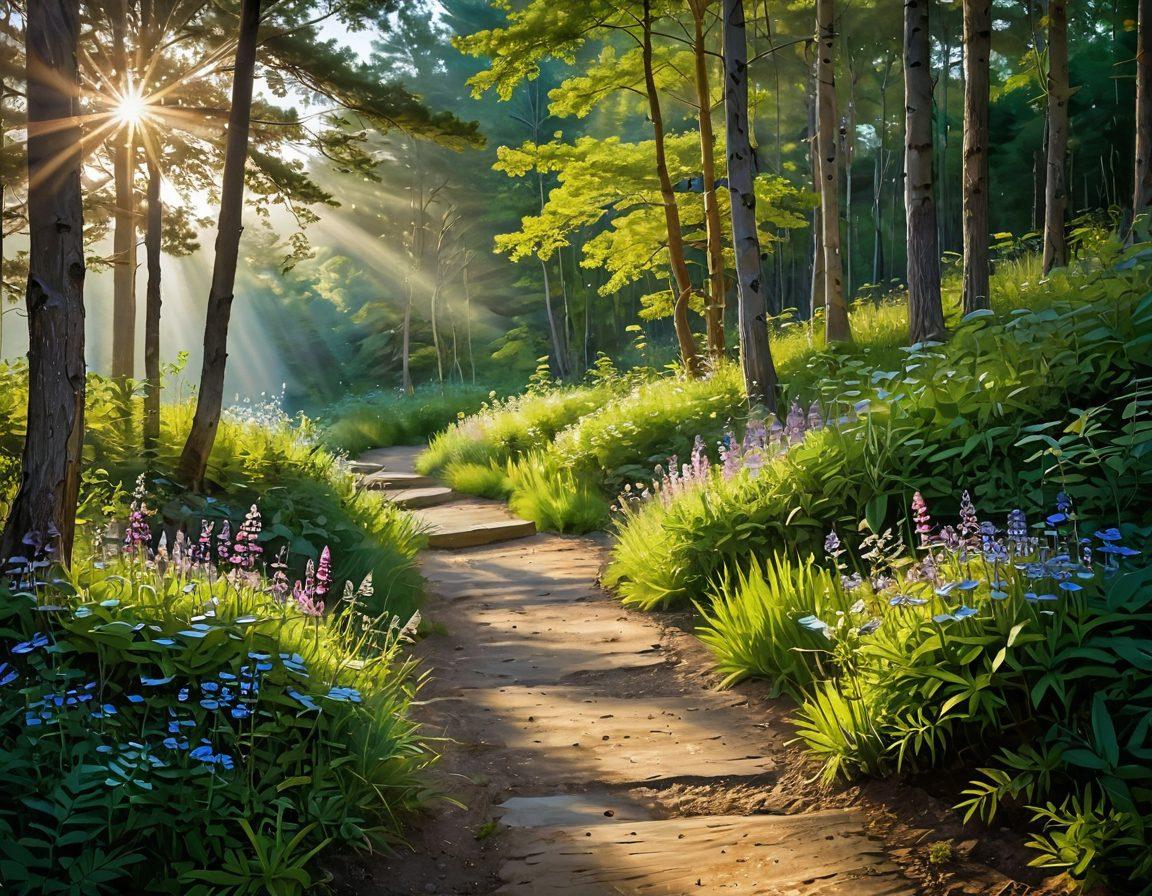 A serene landscape featuring a winding path through a lush forest, leading towards a bright horizon symbolizing contentment. Along the path, subtle signs illustrate key life principles like joy, gratitude, and mindfulness. Gentle rays of sunlight break through the trees, creating a warm, inviting atmosphere. Soft, colorful wildflowers line the path, enhancing the sense of beauty and peace. vibrant colors. painting.